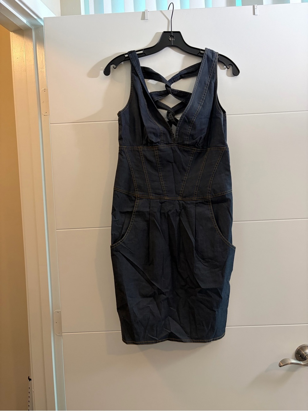 Nanette Lepore Dark Navy Denim Backless Crisscross Sheath Dress